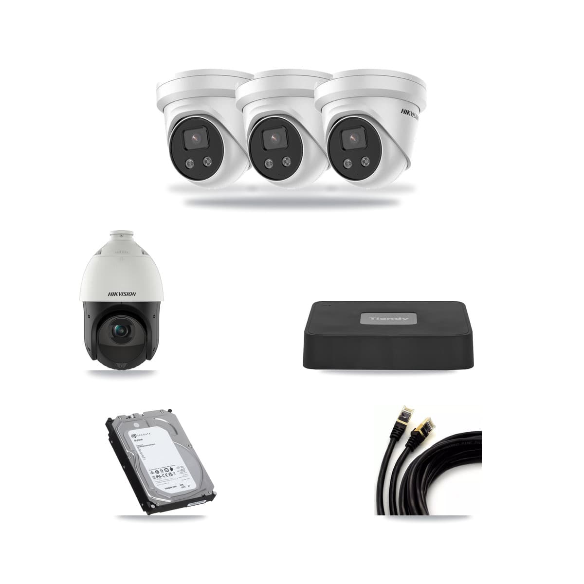 Hikvision & Tiandy 4-Channel 4MP – 5MP CCTV Kit — 3 DS-2CD3356G2 5MP Turret + 1 DS-2DE4425IW 4MP PTZ Cameras + 6TB Recording - Image 1