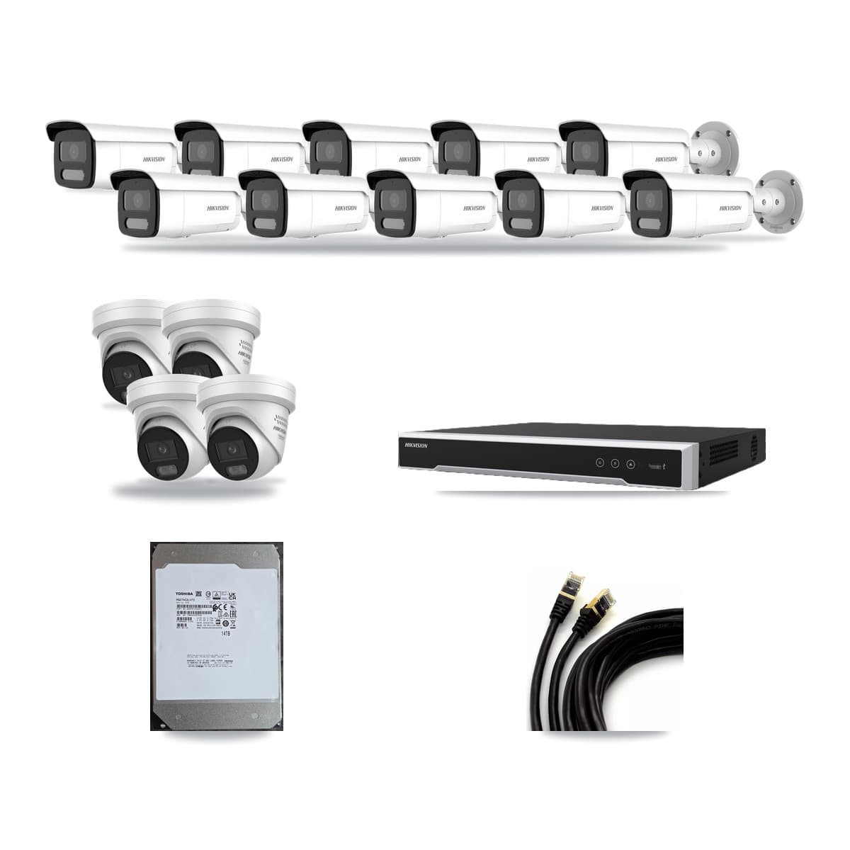Hikvision 16-Channel 4MP CCTV Kit — 4 DS-2CD2347G3 Turret + 10 DS-2CD2T47G2H Bullet Cameras + 14TB Recording - Image 1
