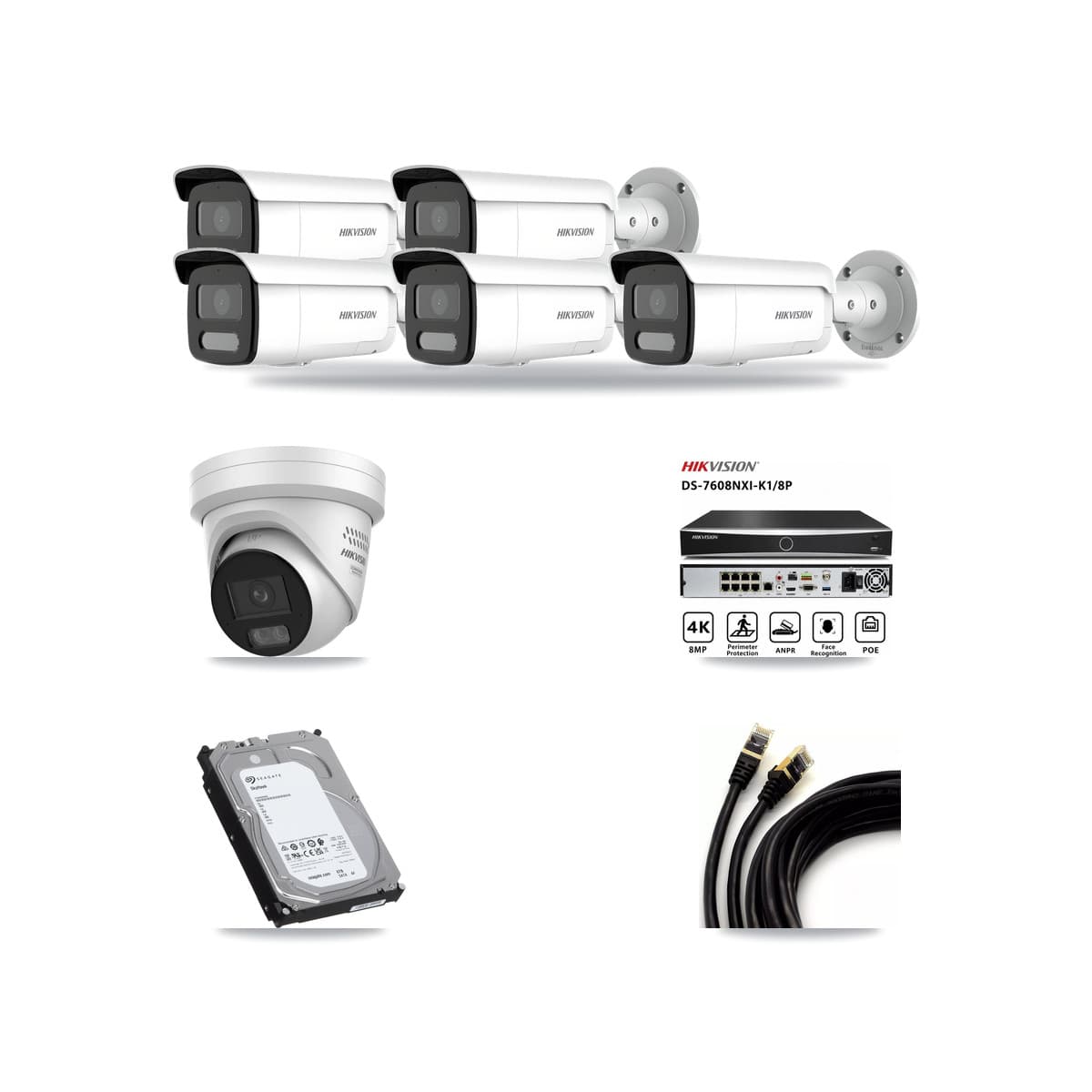 Hikvision 8-Channel 4MP CCTV Kit — 1 DS-2CD2347G3 Turret + 5 DS-2CD2T47G2H Bullet Cameras + 6TB Recording (DS-7608NXI Recorder) - Image 1