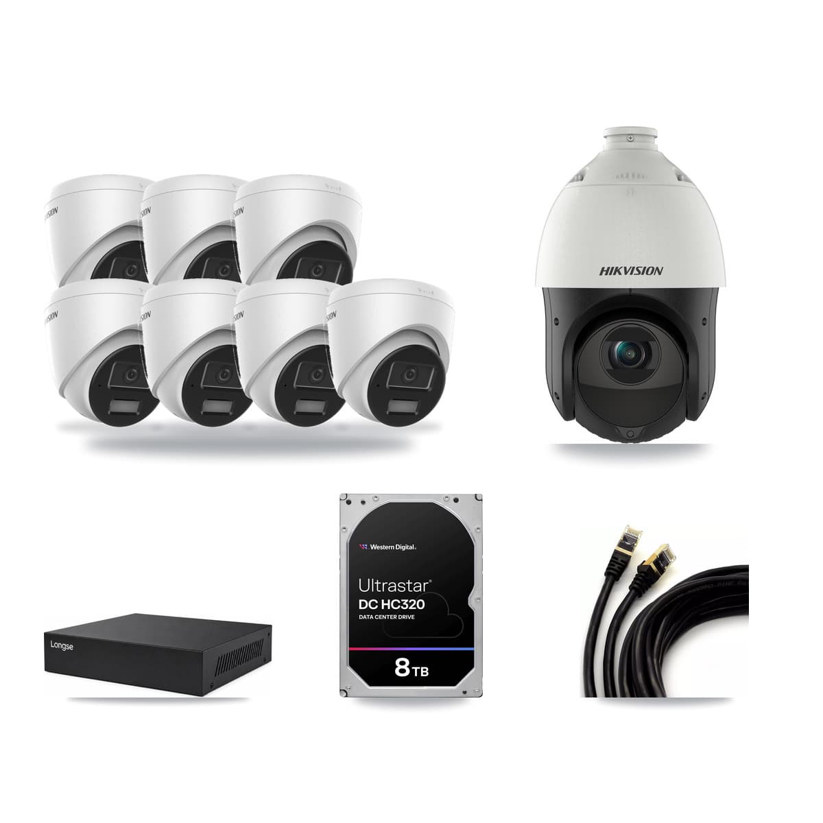 Hikvision & Longse 8-Channel 4MP CCTV Kit — 7 Turret + 1 PTZ Cameras + 8TB Recording - Image 1