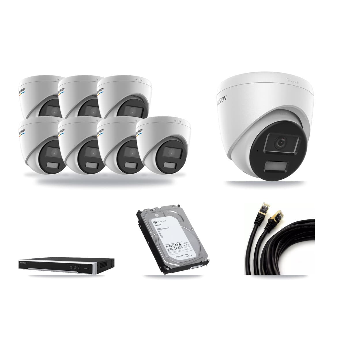 Hikvision 8-channel CCTV kit: 8 cameras (7× 2MP Turret + 1× 4MP Turret), 6TB hard drive