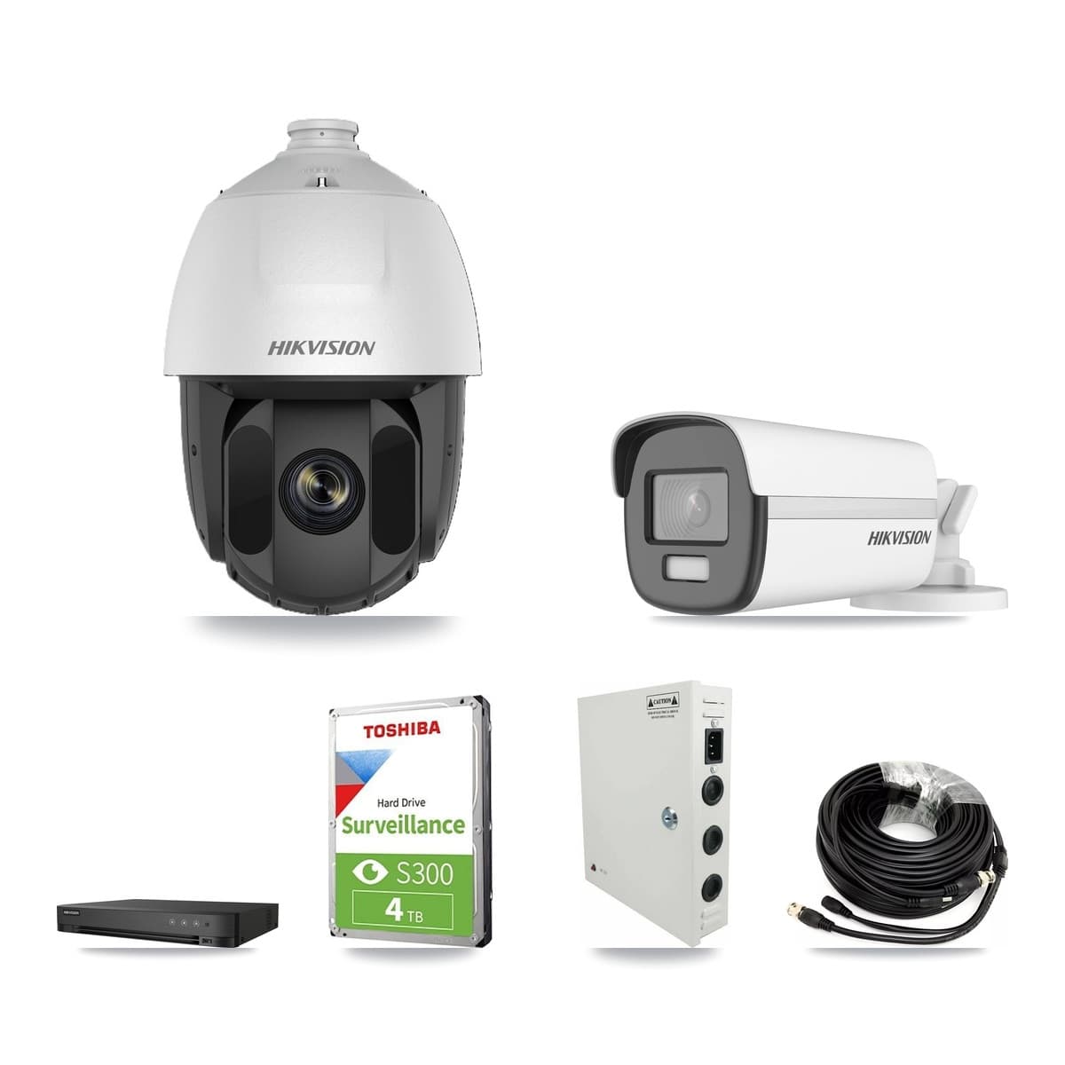 Hikvision 4-Channel 2MP – 4K CCTV Kit — 2 DS-2AE5225TI 2MP PTZ + 1 DS-2CE12UF3T 4K Bullet Cameras + 4TB Recording (IDS-7204HUHI Recorder) - Image 1