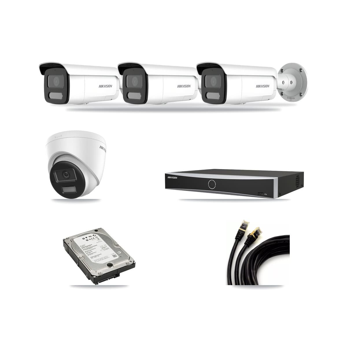 Hikvision 4-Channel 4MP – 4K CCTV Kit — 1 DS-2CD1383G2-LIUF/SL 4K Turret + 3 DS-2CD2T47G2H-LISU/SL 4MP Bullet Cameras + 5TB Recording (DS-7604NXI-K1/4P Recorder) - Image 1