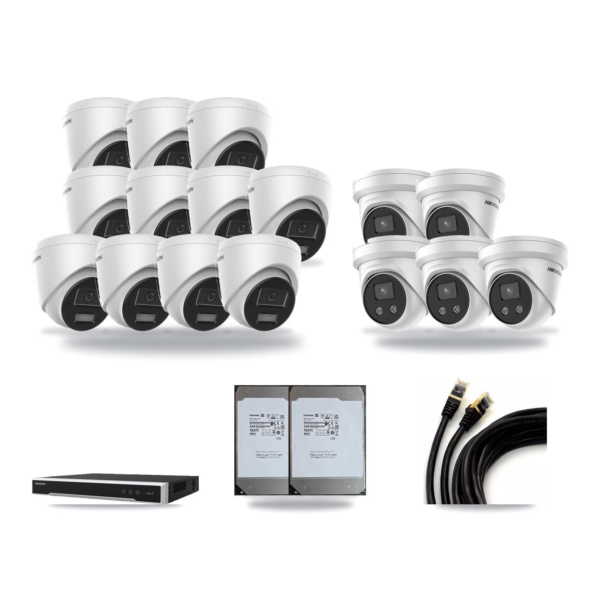 Hikvision 16-Channel 4MP – 5MP CCTV Kit — 11 4MP + 5 5MP Turret Cameras + 2× 14TB Recording (DS-7616NI-M2 Recorder) - Image 1