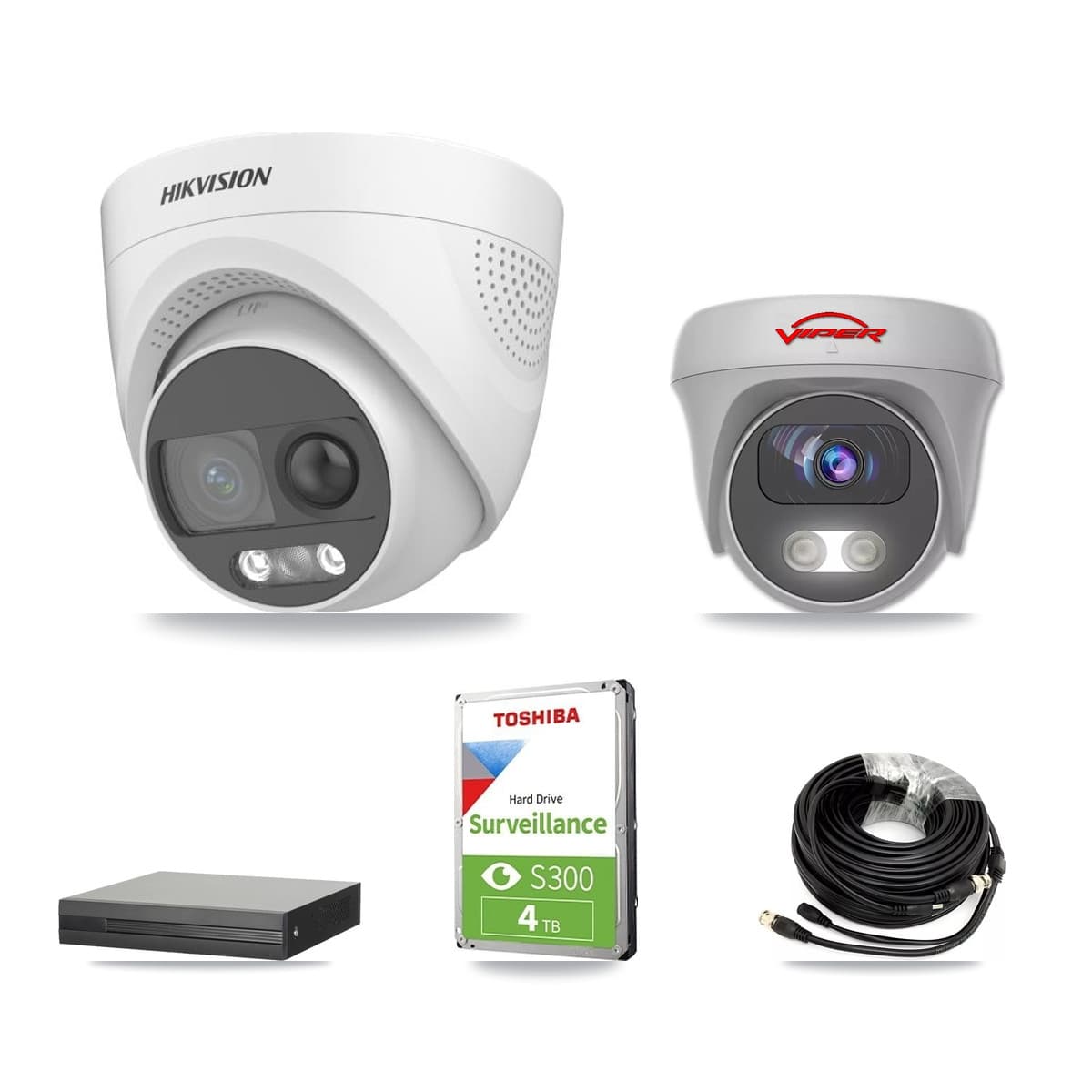 Hikvision & Viper 4-Channel 5MP CCTV Kit — 2 DS-2CE72KF3T Turret + 1 White VIPER-5MP-3K Cameras + 4TB Recording (XVR-3104HS Recorder)