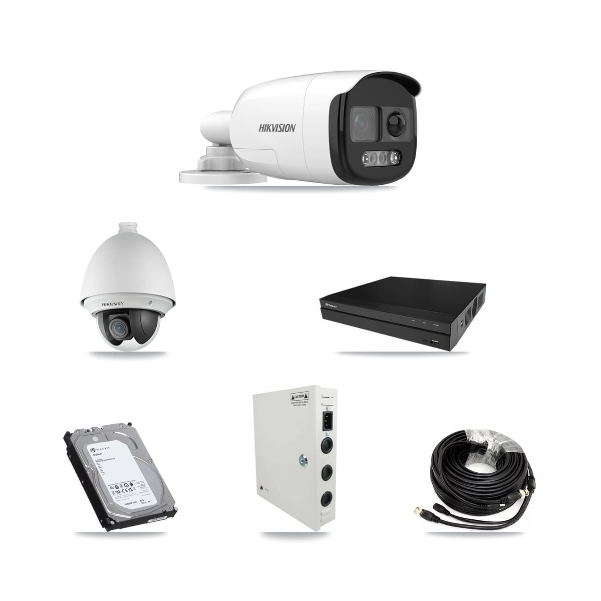 Hikvision & Prolux 8-Channel 2MP – 5MP CCTV Kit — 1 DS-2AE4225T 2MP PTZ + 4 DS-2CE12KF3T 5MP Bullet Cameras + 6TB Recording