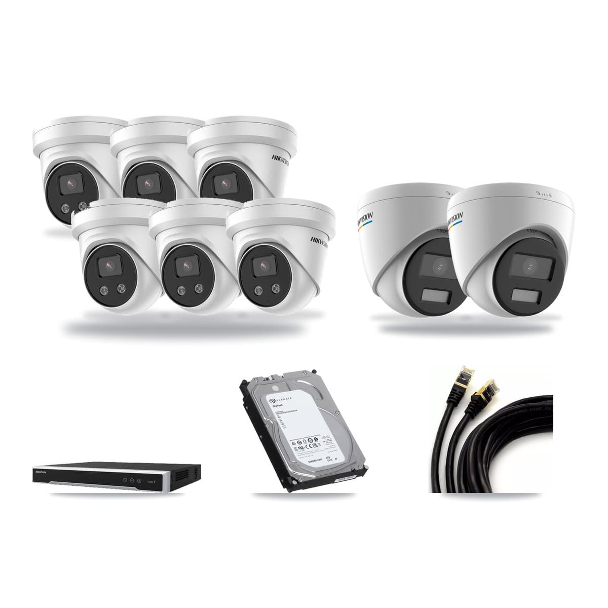 Hikvision 8-Channel 2MP – 5MP CCTV Kit — 2 2MP + 6 5MP Turret Cameras + 6TB Recording (DS-7608NI-M2 Recorder) - Image 1