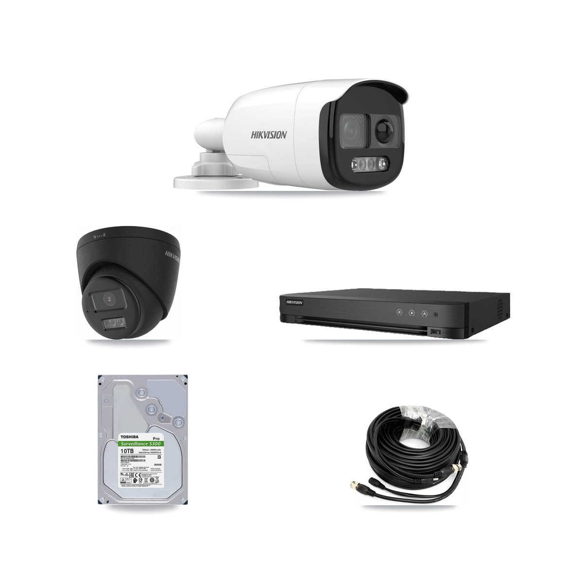 Hikvision 8-Channel 5MP – 4K CCTV Kit — 6 DS-2CE12KF3T-PIRXO 5MP Bullet + 1 Black DS-2CE78U0T-LTS-BLACK 4K Turret Cameras + 10TB Recording (IDS-7208HUHI-M1/E Recorder)