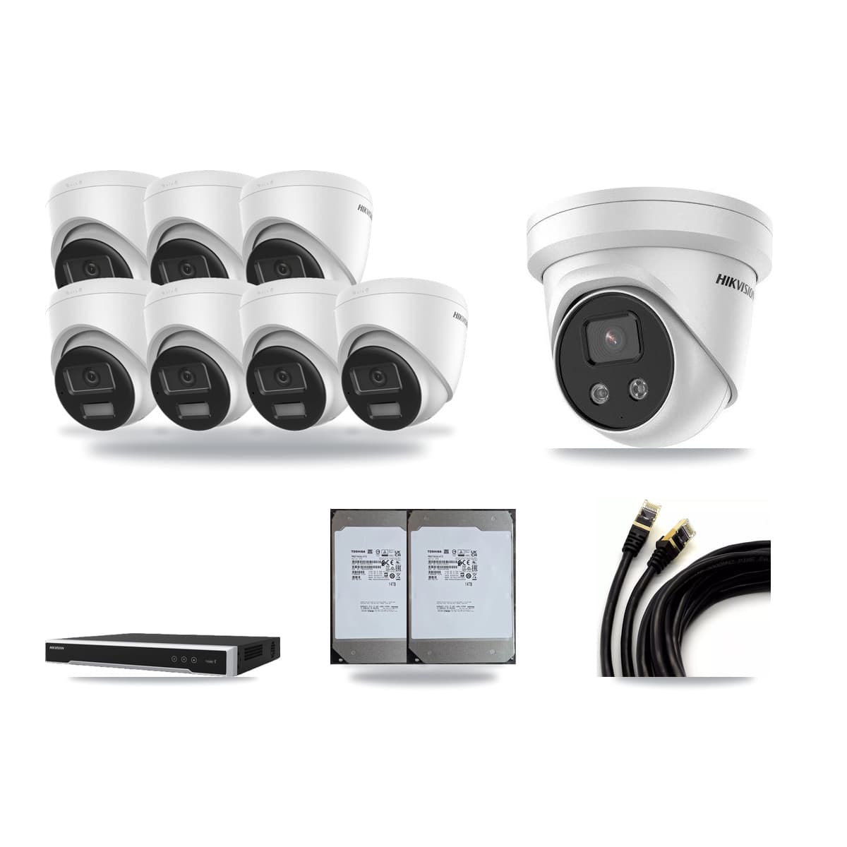 Hikvision 16-Channel 5MP – 4K CCTV Kit — 7 DS-2CD1383G2-LIU 4K + 1 DS-2CD3356G2-ISU 5MP Turret Cameras + 2× 14TB Recording (DS-7616NI-M2/16P Recorder) - Image 1