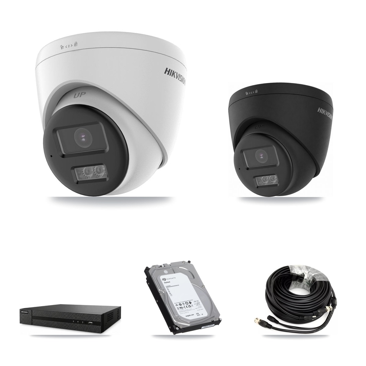 Hikvision 8-Channel 5MP – 4K CCTV Kit — 3 DS-2CE78K0T-LTS 5MP + 1 Black DS-2CE78U0T-LTS-BLACK 4K Turret Cameras + 6TB Recording (DVR-8CH-HYL8MP Recorder) - Image 1