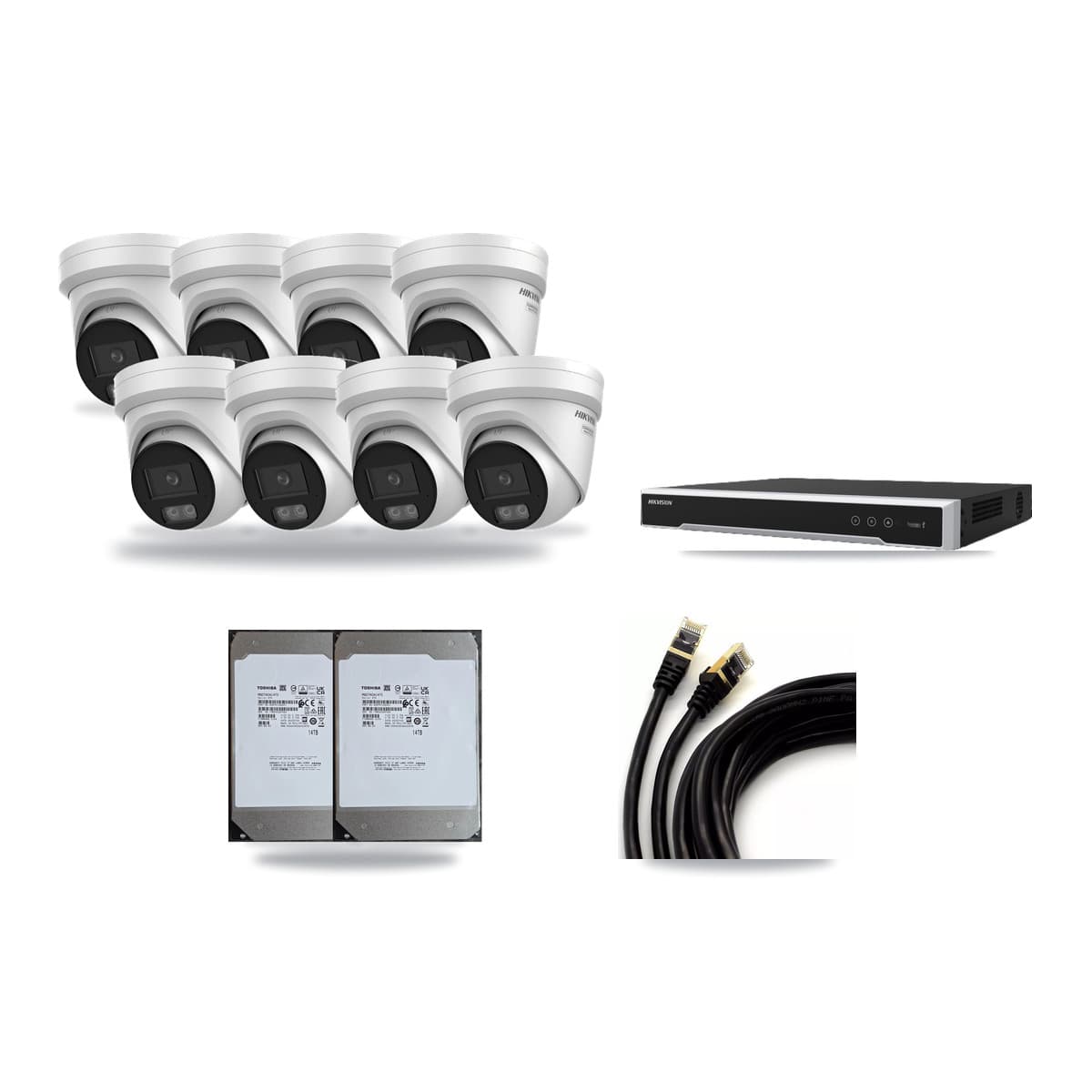 Hikvision 16-Channel 4K CCTV Kit — 8 DS-2CD2387G3 Turret Cameras + 2× 14TB Recording (DS-7616NI-M2 Recorder) - Image 1