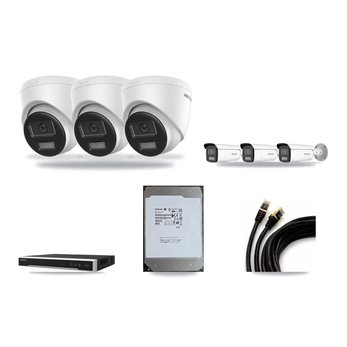 Hikvision 8-Channel 4K CCTV Kit — 3 DS-2CD1383G2-LIUF/SL Turret + 3 White DS-2CD2T87G2H-LISU/SL-2.8MM-W Bullet Cameras + 14TB Recording (DS-7608NI-M2/8P Recorder) - Image 1