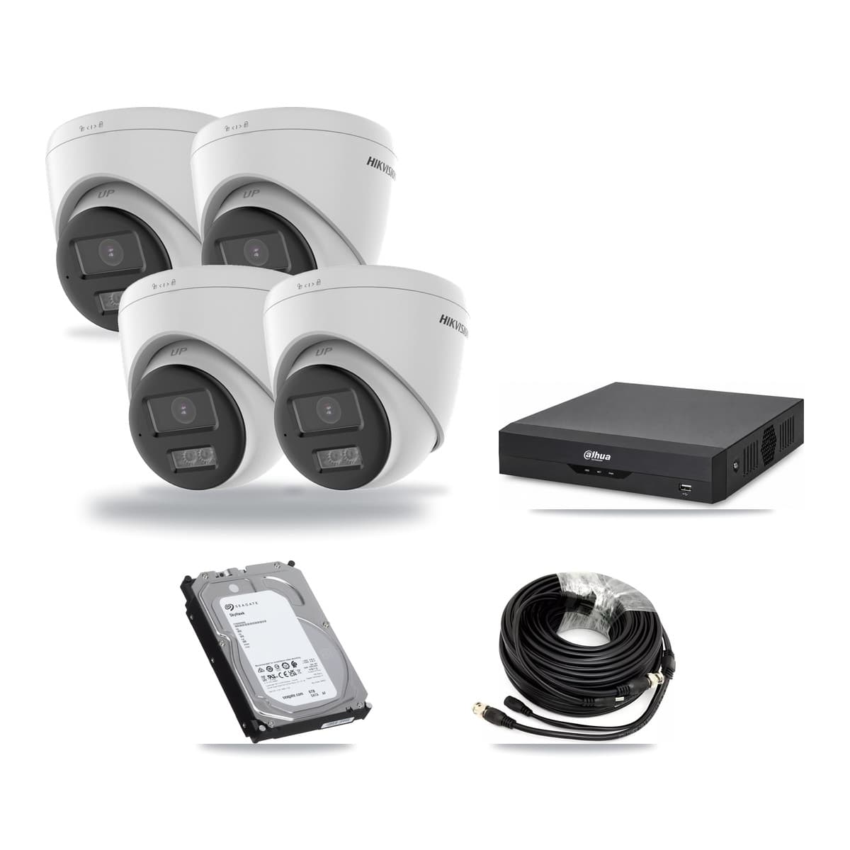 Hikvision & Dahua 4-Channel 5MP CCTV Kit — 4 DS-2CE78K0T-LTS Turret Cameras + 6TB Recording (DH-XVR5104HS-4KL-I2 Recorder) - Image 1