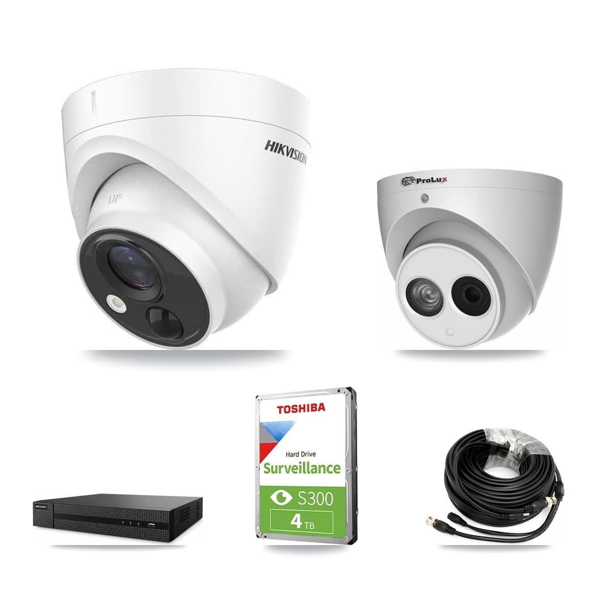 Hikvision & Prolux 8-Channel 4MP – 5MP CCTV Kit — 2 DS-2CE71H0T 5MP + 1 PXC-612C4W-A 4MP Turret Cameras + 4TB Recording (DVR-8CH Recorder) - Image 1
