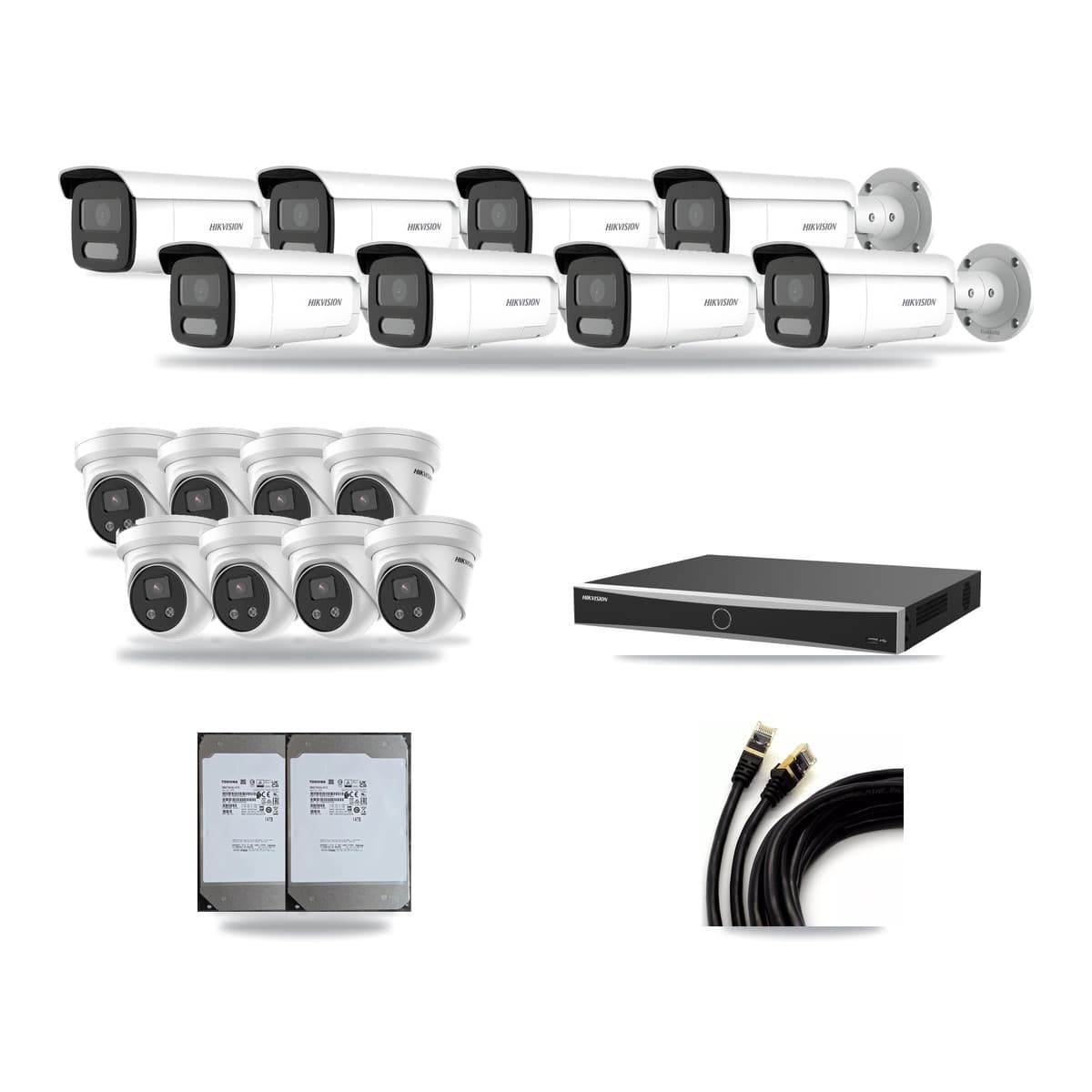 Hikvision 16-Channel 4MP – 5MP CCTV Kit — 8 4MP Bullet + 8 5MP Turret Cameras + 2× 14TB Recording (DS-7616NXI Recorder) - Image 1