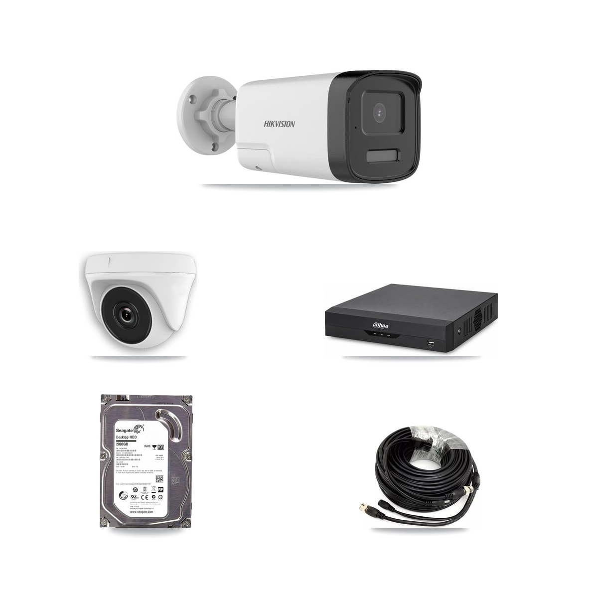 Hikvision & Dahua 4-Channel 2MP – 5MP CCTV Kit — 1 DS-2CE17K0T 5MP Bullet + 1 White HDT-2MP-N20W 2MP Dome Cameras + 2TB Recording - Image 1