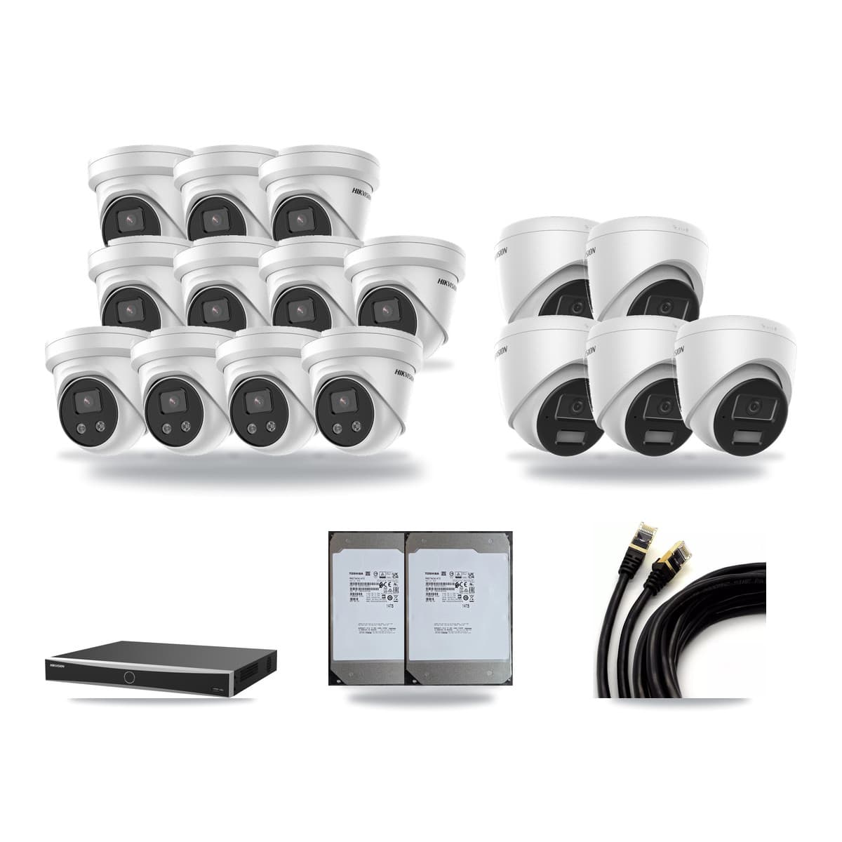Hikvision 16-Channel 4MP – 5MP CCTV Kit — 5 4MP + 11 5MP Turret Cameras + 2× 14TB Recording (DS-7616NXI Recorder) - Image 1