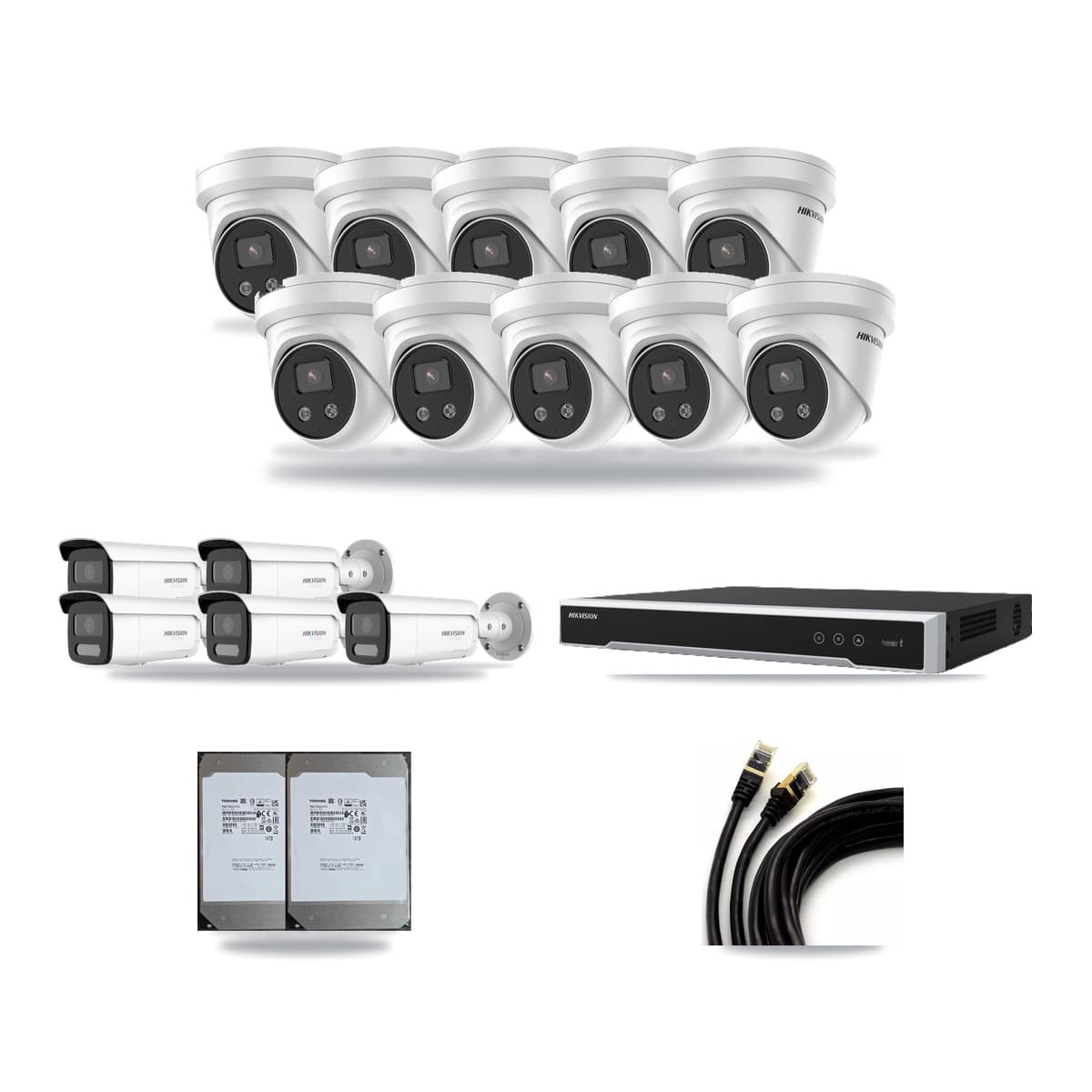 Hikvision 16-Channel 5MP – 4K CCTV Kit — 5 White 4K Bullet + 10 5MP Turret Cameras + 2× 14TB Recording (DS-7616NI-M2 Recorder) - Image 1