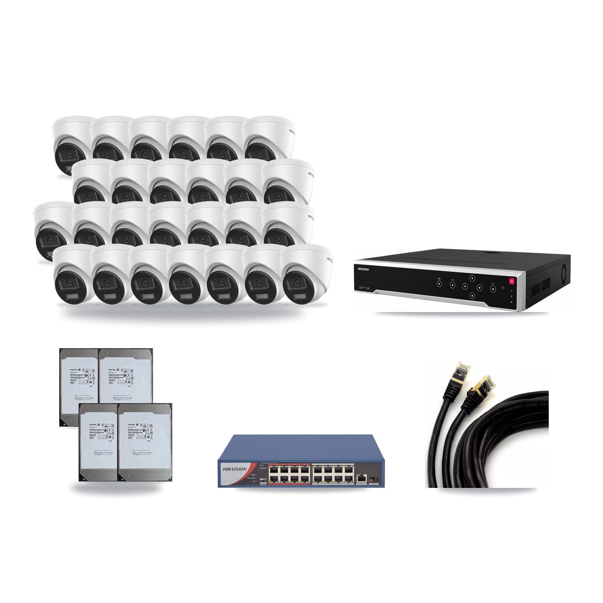 Hikvision 32-Channel 4K CCTV Kit — 26 DS-2CD1383G2-LIUF/SL Turret Cameras + 4× 14TB Recording (DS-7732NI-M4/24P Recorder) - Image 1