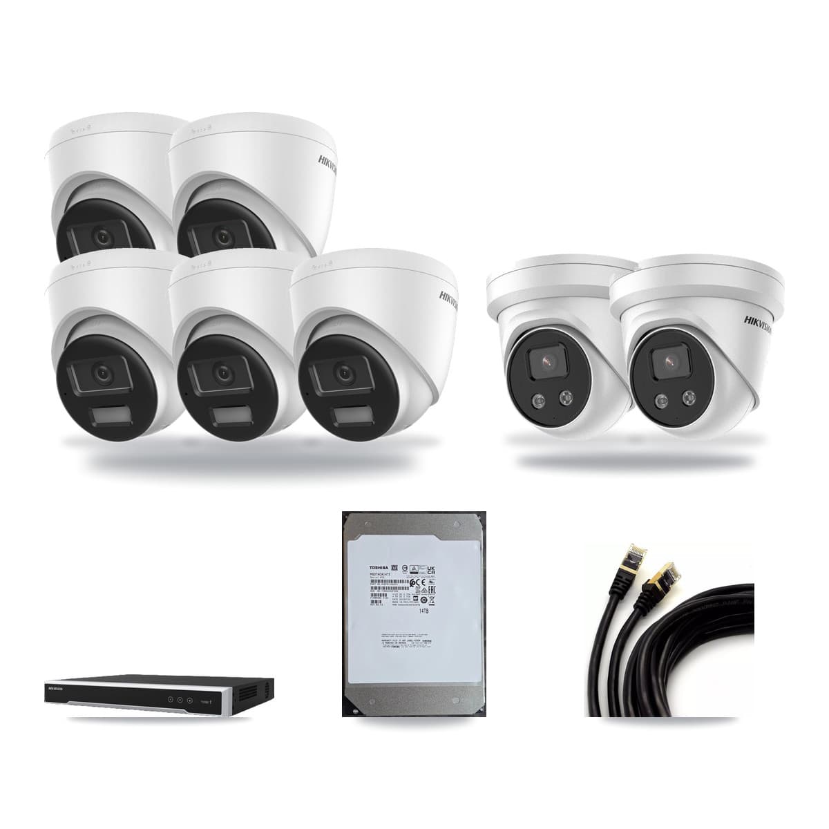 Hikvision 8-channel CCTV kit: 7 cameras (5× 4K Turret + 2× 5MP Turret), 14TB hard drive