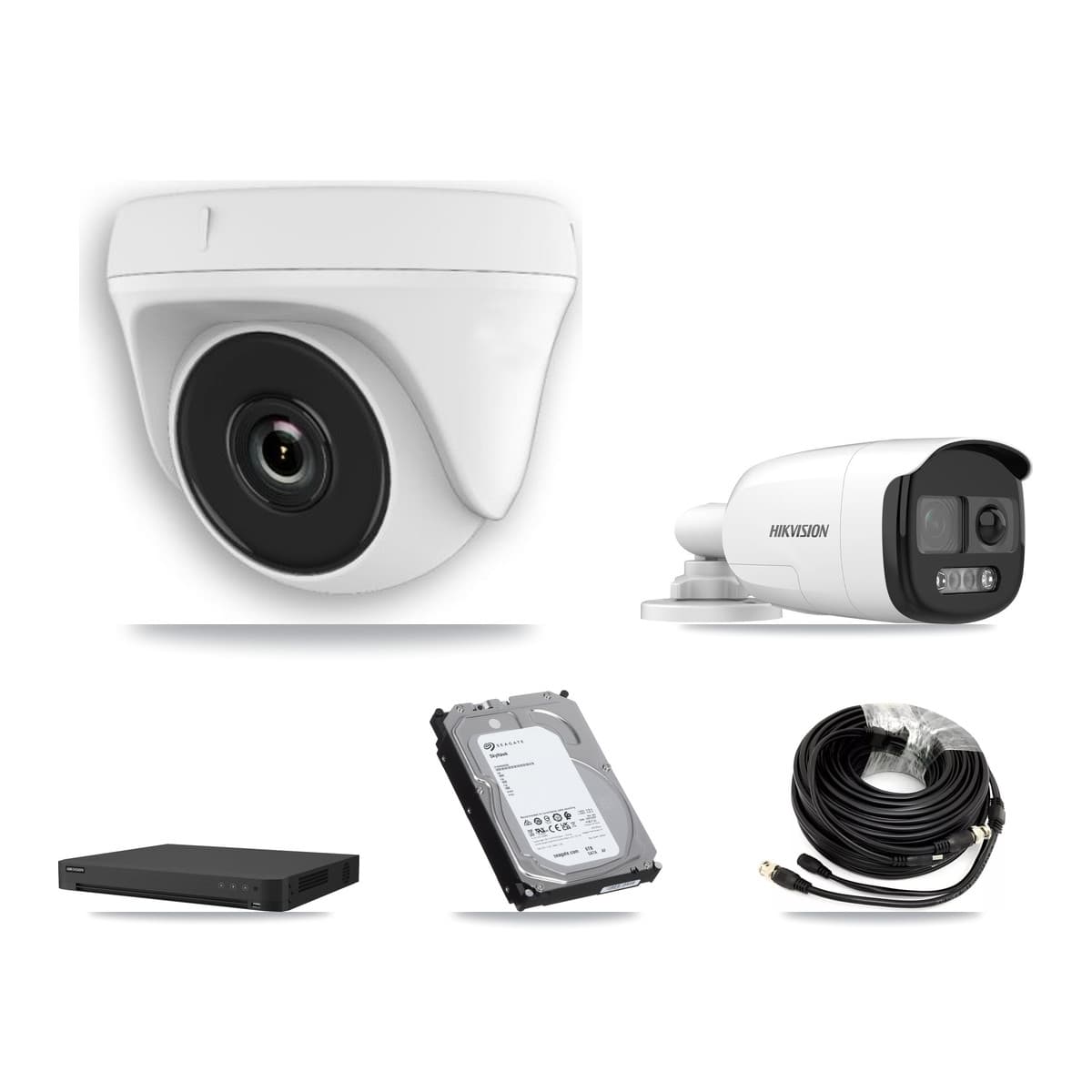Hikvision 16-Channel 2MP – 5MP CCTV Kit — 2 DS-2CE12KF3T 5MP Bullet + 5 White HDT-2MP-N20W 2MP Dome Cameras + 6TB Recording (IDS-7216HUHI Recorder)