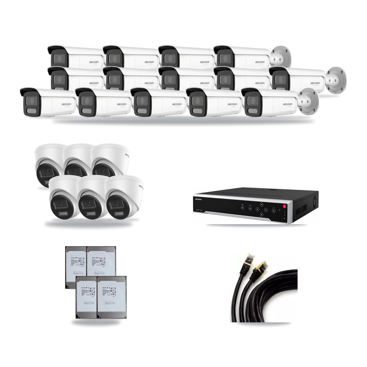 Hikvision 32-Channel 4K CCTV Kit — 6 DS-2CD1383G2-LIUF/SL Turret + 14 White DS-2CD2T87G2H-LISU/SL-2.8MM-W Bullet Cameras + 4× 14TB Recording (DS-7732NI-M4/24P Recorder) - Image 1