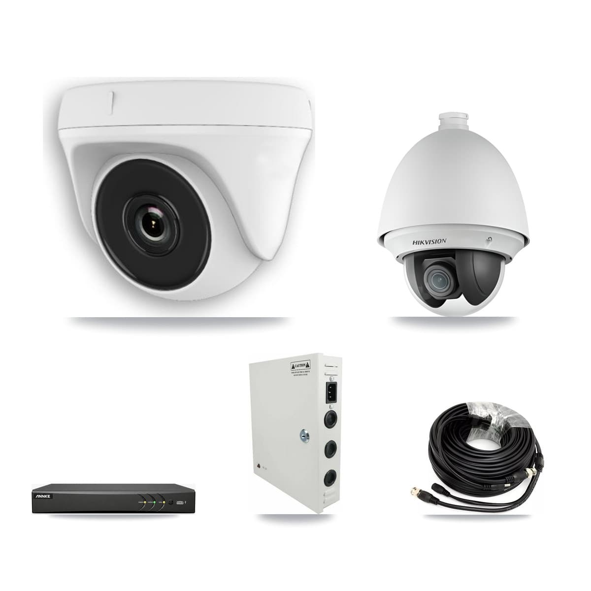 Hikvision & ANNKE 4-Channel 2MP CCTV Kit — 1 DS-2AE4225T PTZ + 3 White HDT-2MP-N20W Dome Cameras + 3TB Recording