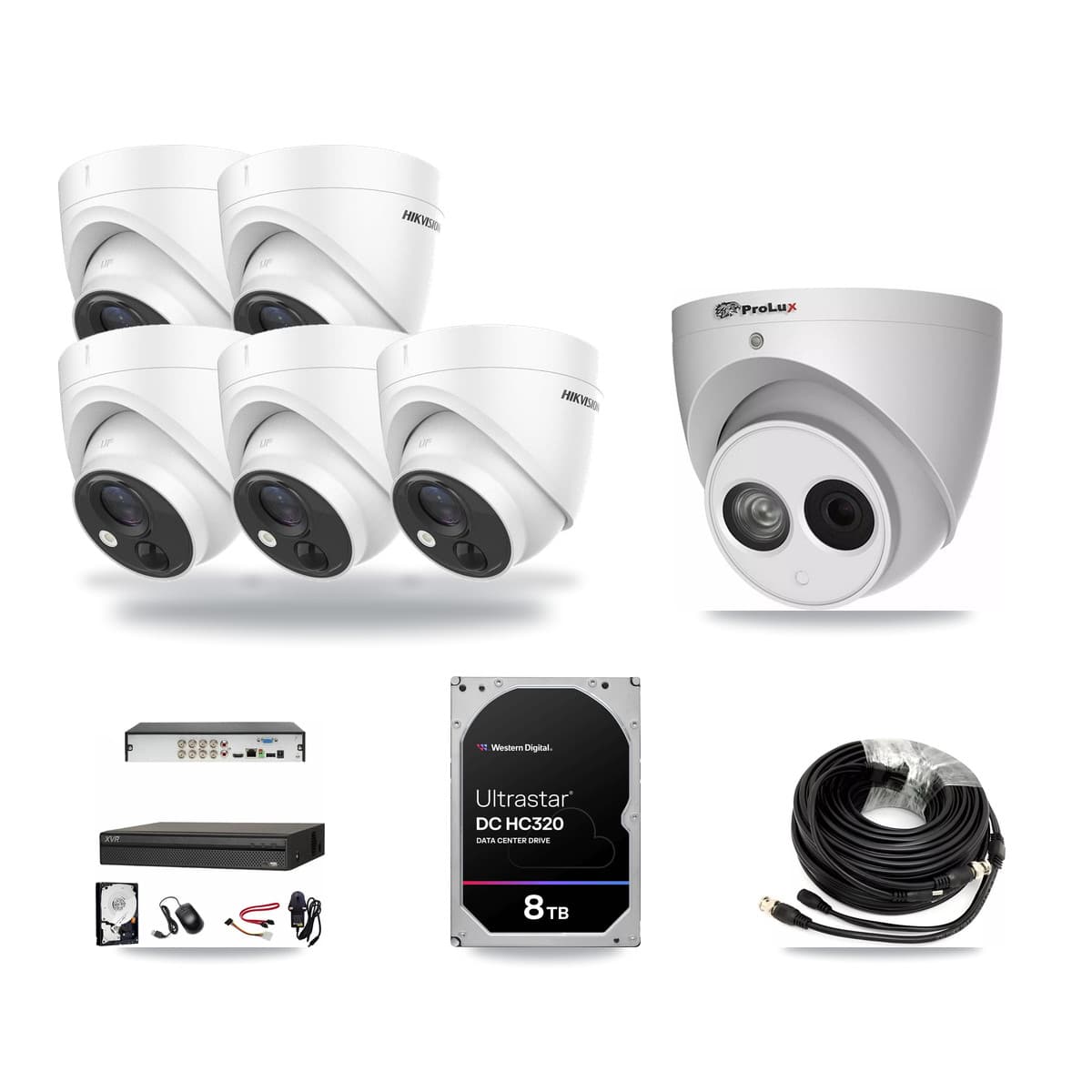 8-Channel 4MP – 5MP CCTV Kit — 5 DS-2CE71H0T 5MP + 1 PXC-612C4W-A 4MP Turret Cameras + 8TB Recording (XVR-3108AD Recorder) - Image 1