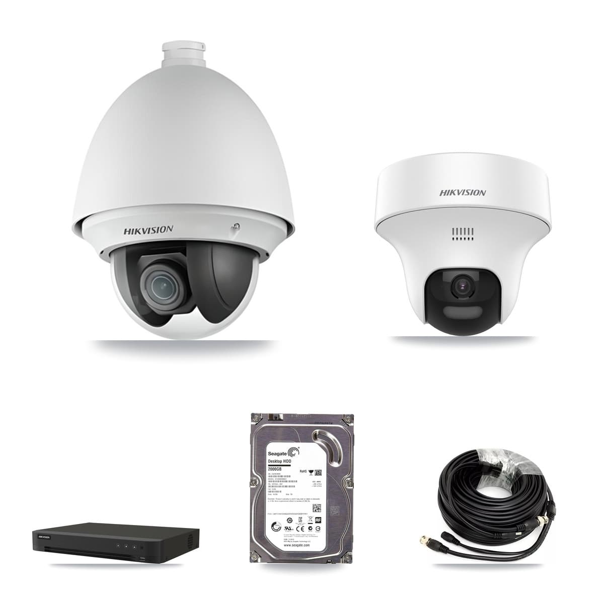 Hikvision 8-Channel 2MP – 5MP CCTV Kit — 1 DS-2AE4225T-A 2MP PTZ + 1 DS-2CE70K0T-PTLTS 5MP Turret Cameras + 2TB Recording (IDS-7208HUHI-M1/XT Recorder)