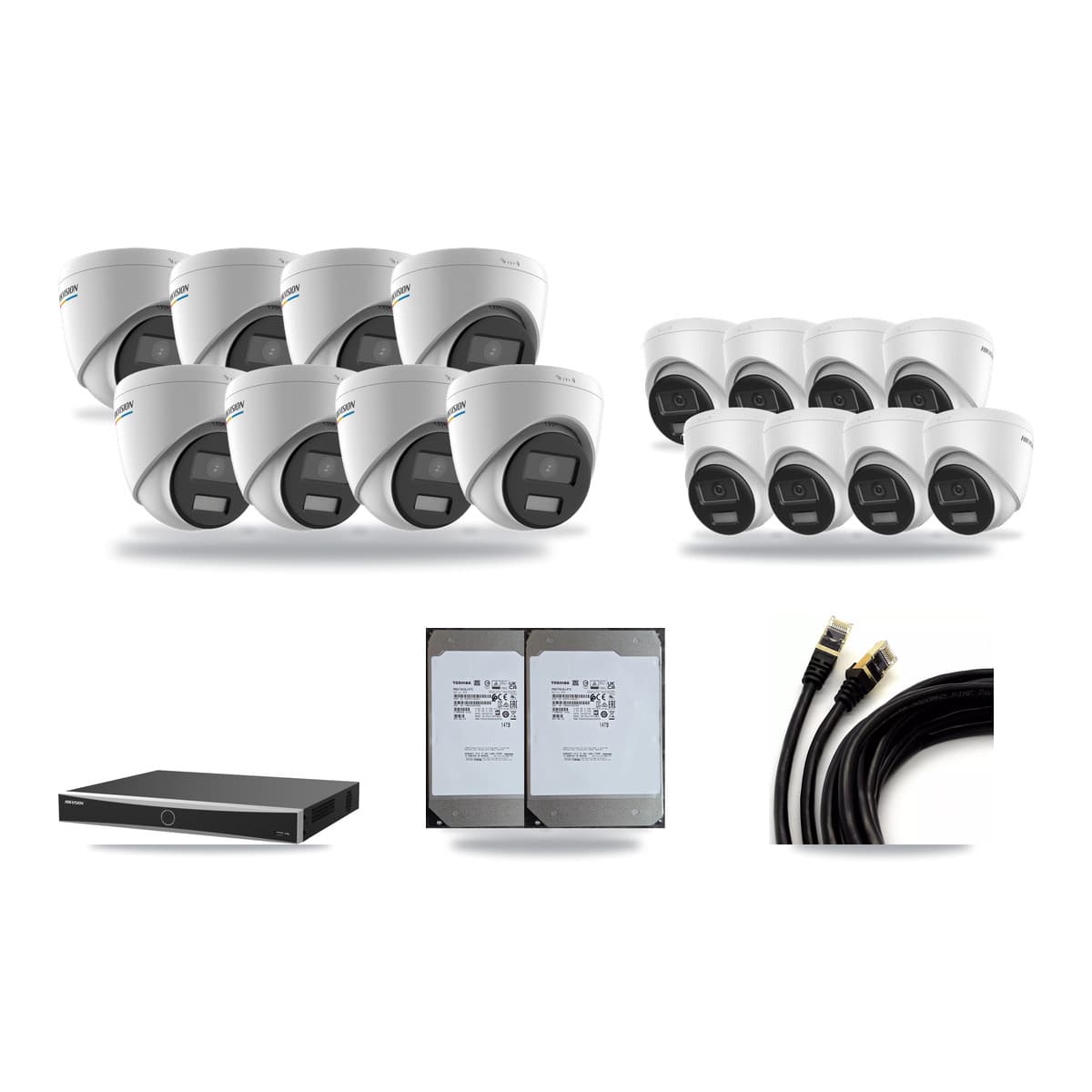 Hikvision 16-Channel 2MP – 4K CCTV Kit — 8 2MP + 8 4K Turret Cameras + 2× 14TB Recording (DS-7616NXI Recorder) - Image 1