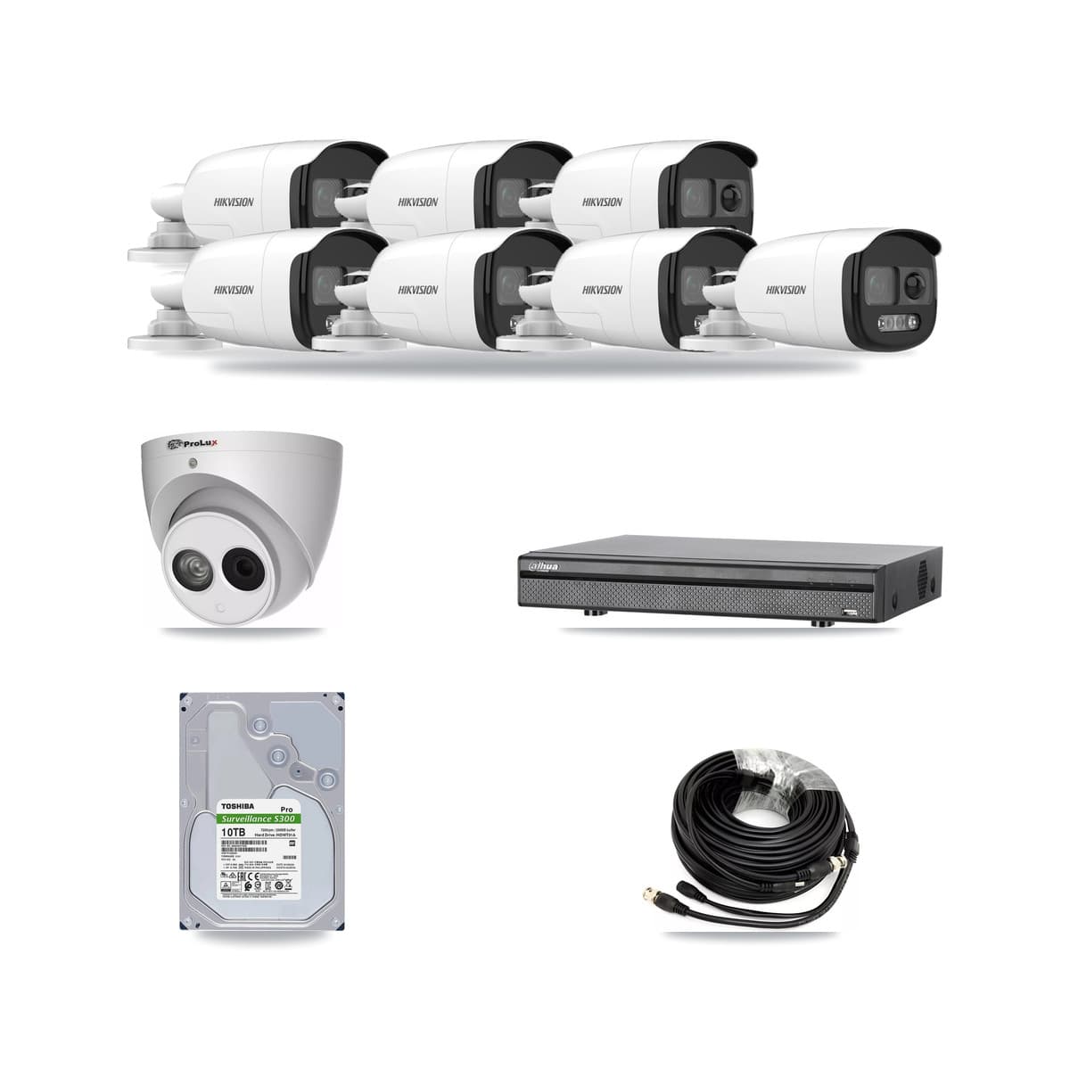 8-Channel 4MP – 5MP CCTV Kit — 7 DS-2CE12KF3T 5MP Bullet + 1 PXC-612C4W-A 4MP Turret Cameras + 10TB Recording (DH-XVR5108H Recorder) - Image 1