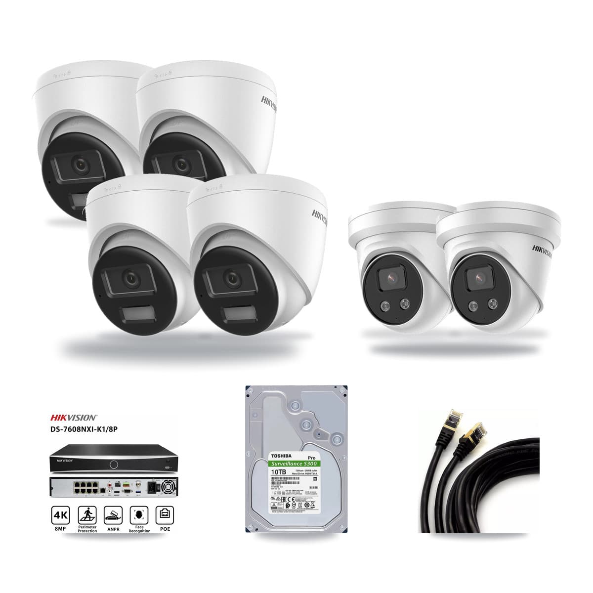 Hikvision 8-Channel 5MP – 4K CCTV Kit — 4 DS-2CD1383G2-LIU 4K + 2 DS-2CD3356G2-ISU 5MP Turret Cameras + 10TB Recording (DS-7608NXI-K1/8P Recorder) - Image 1