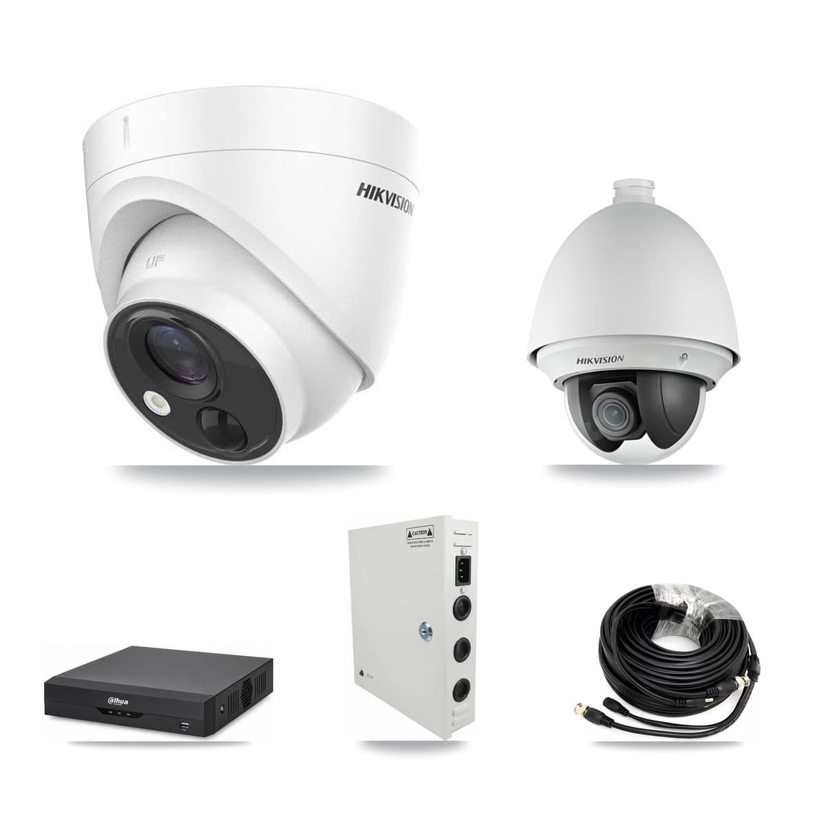 Hikvision & Dahua 4-Channel 2MP – 5MP CCTV Kit — 1 DS-2AE4225T 2MP PTZ + 2 DS-2CE71H0T 5MP Turret Cameras + 3TB Recording