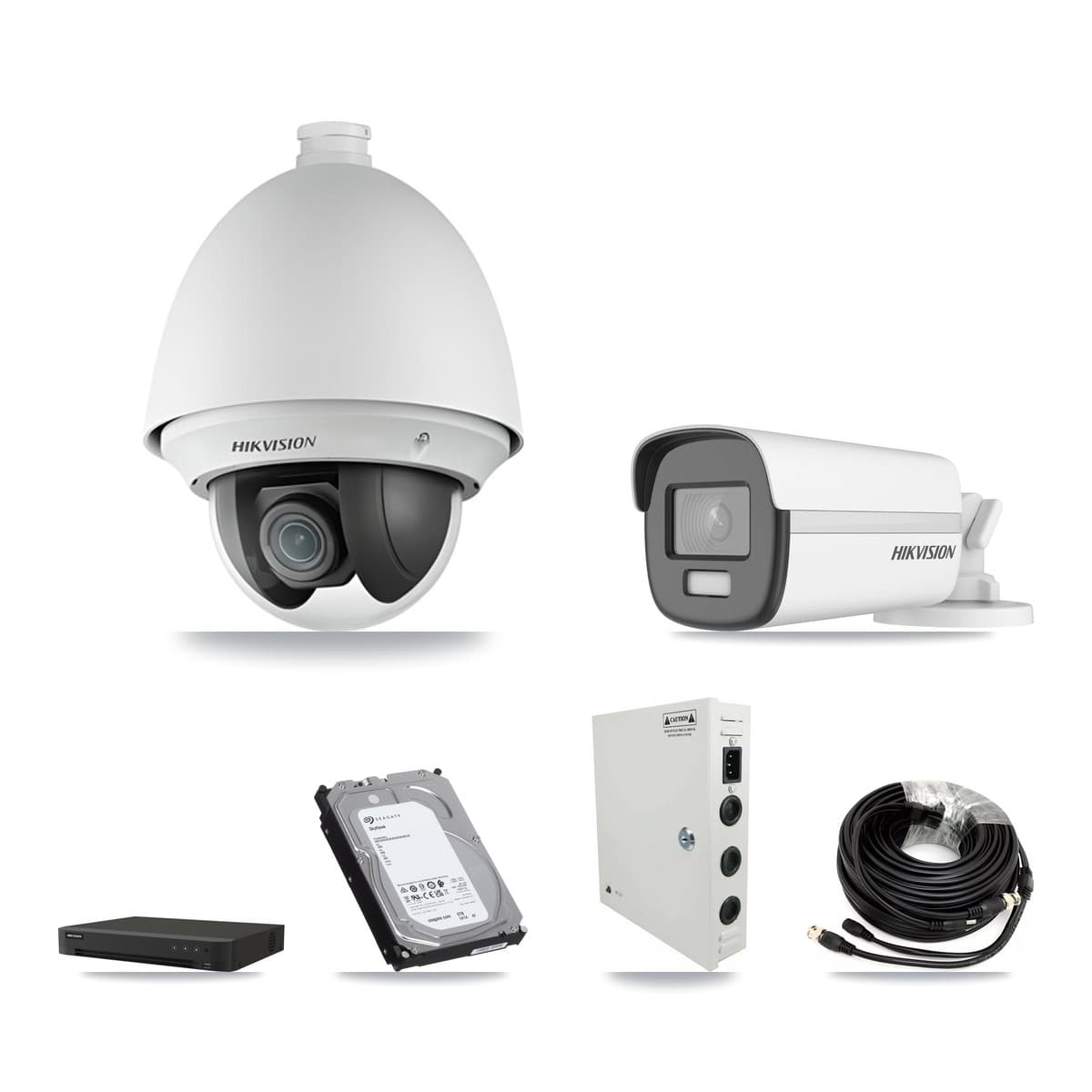 Hikvision 8-Channel 2MP – 4K CCTV Kit — 6 DS-2AE4225T-A 2MP PTZ + 1 DS-2CE12UF3T-E 4K Bullet Cameras + 6TB Recording (IDS-7208HUHI-M1/XT Recorder)
