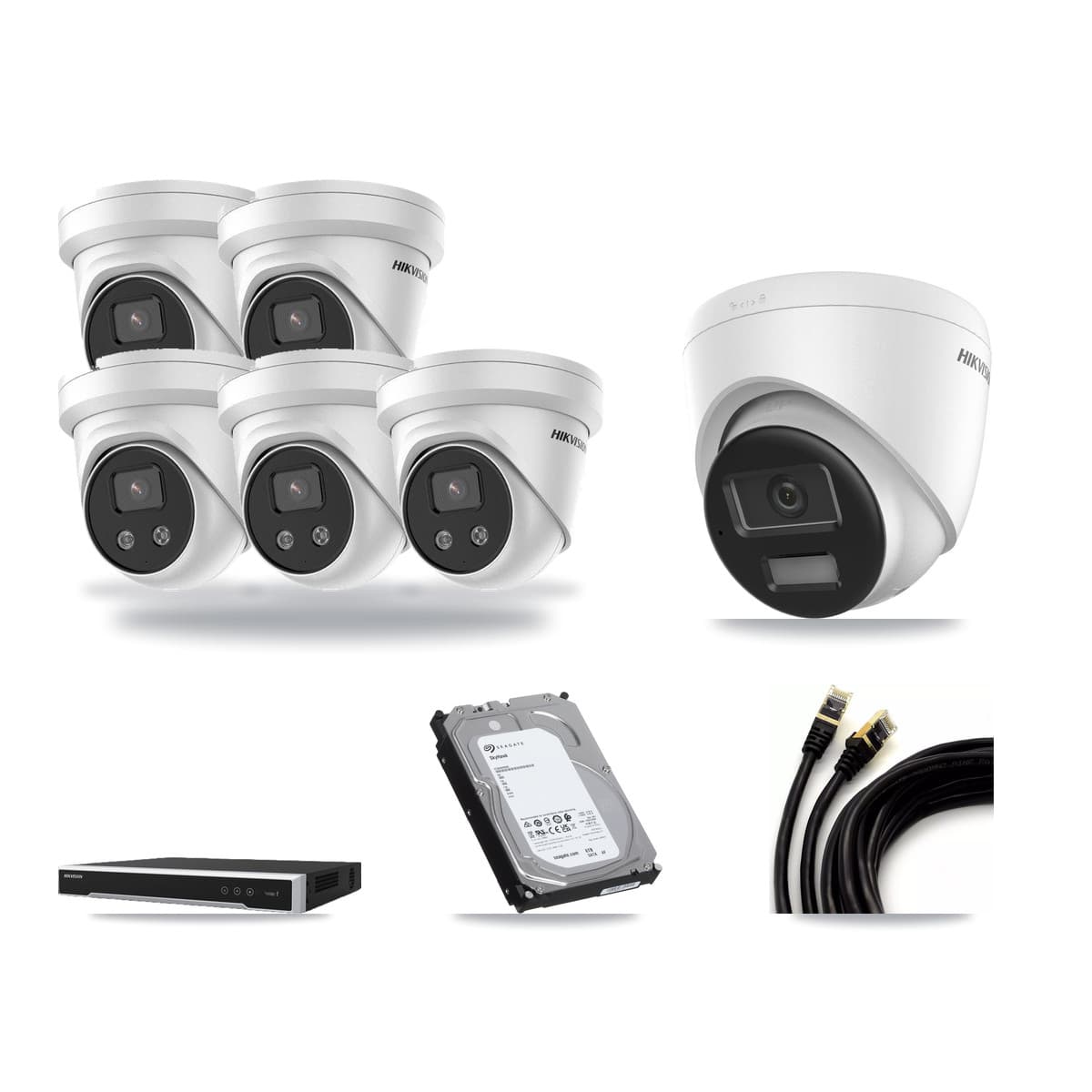 Hikvision 8-Channel 5MP – 4K CCTV Kit — 1 DS-2CD1383G2-LIUF/SL 4K + 5 DS-2CD3356G2-ISU 5MP Turret Cameras + 6TB Recording (DS-7608NI-M2/8P Recorder) - Image 1