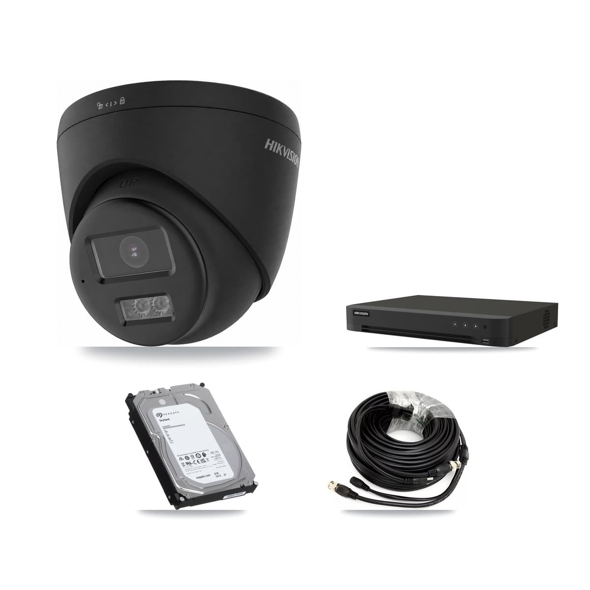 Hikvision 8-Channel 4K CCTV Kit — 6 Black DS-2CE78U0T-LTS-BLACK Turret Cameras + 6TB Recording (IDS-7208HUHI-M1/XT Recorder)
