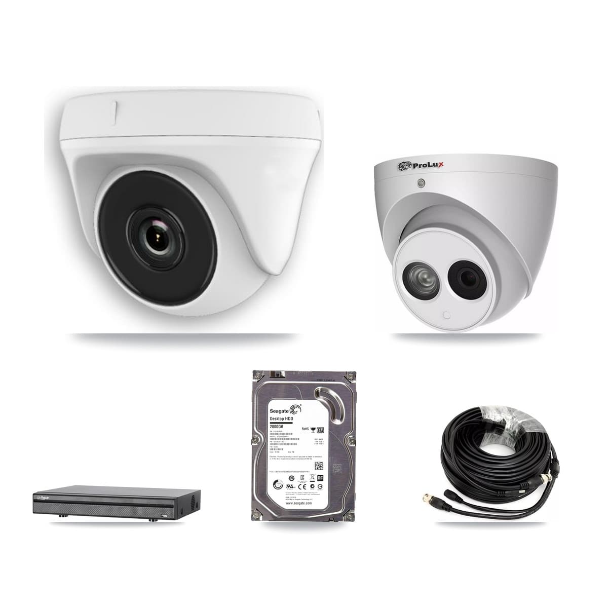 Prolux & Dahua 8-Channel 2MP – 4MP CCTV Kit — 1 White 2MP Dome + 1 4MP Turret Cameras + 2TB Recording (DH-XVR5108H Recorder) - Image 1