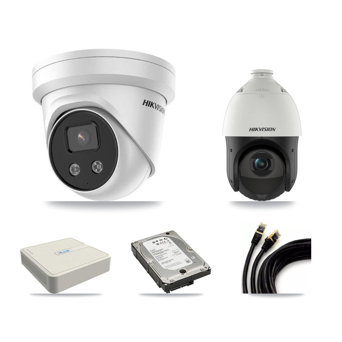 Hikvision & HiLook 8-Channel 4MP – 5MP CCTV Kit — 3 5MP Turret + 1 4MP PTZ Cameras + 5TB Recording (NVR-108H-D Recorder)