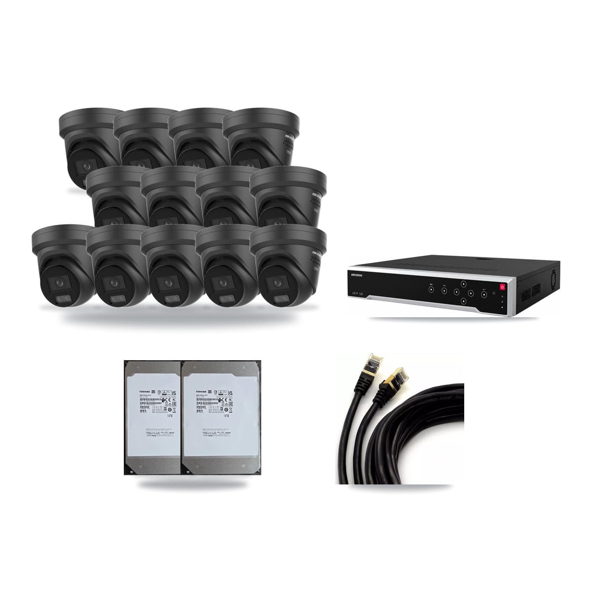 Hikvision 32-Channel 4K CCTV Kit — 13 Black DS-2CD2387G3 Turret Cameras + 2× 14TB Recording - Image 1