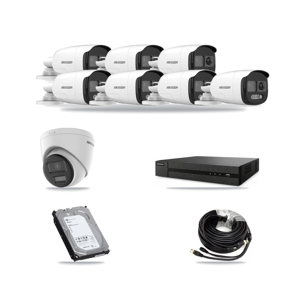 Hikvision 8-Channel 5MP – 4K CCTV Kit — 7 DS-2CE12KF3T 5MP Bullet + 1 DS-2CE78U0T 4K Turret Cameras + 6TB Recording (DVR-8CH Recorder) - Image 1