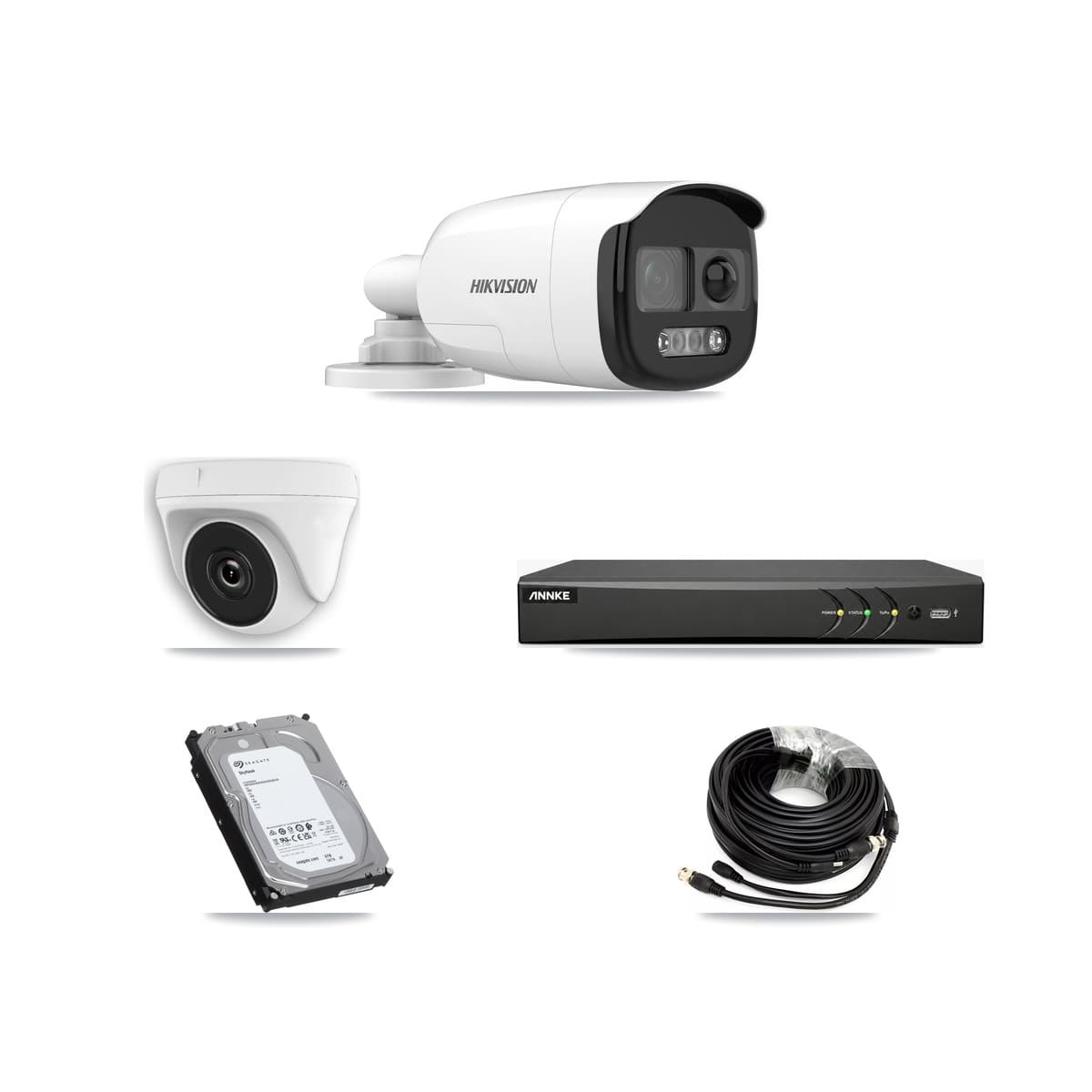Hikvision & ANNKE 4-Channel 2MP – 5MP CCTV Kit — 2 DS-2CE12KF3T 5MP Bullet + 1 White HDT-2MP-N20W 2MP Dome Cameras + 6TB Recording