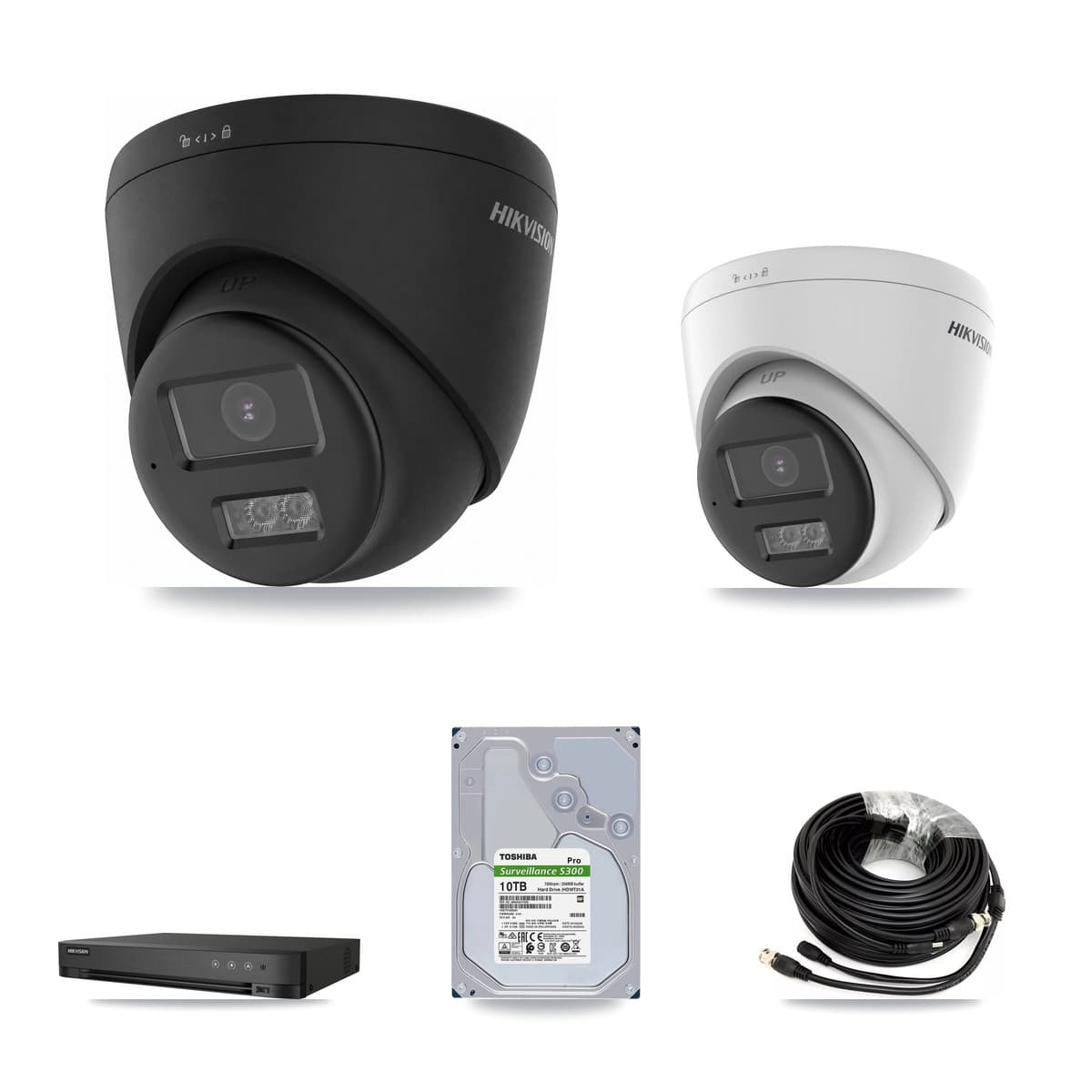 Hikvision 4-Channel 5MP – 4K CCTV Kit — 1 DS-2CE78K0T-LTS 5MP + 3 Black DS-2CE78U0T-LTS-BLACK 4K Turret Cameras + 10TB Recording (IDS-7204HUHI-M1/XT Recorder) - Image 1