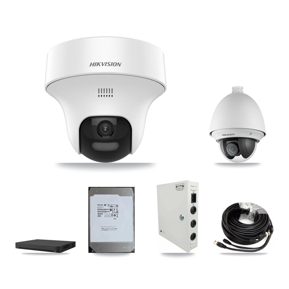 Hikvision 16-Channel 2MP – 5MP CCTV Kit — 1 DS-2AE4225T 2MP PTZ + 7 DS-2CE70K0T 5MP Turret Cameras + 14TB Recording