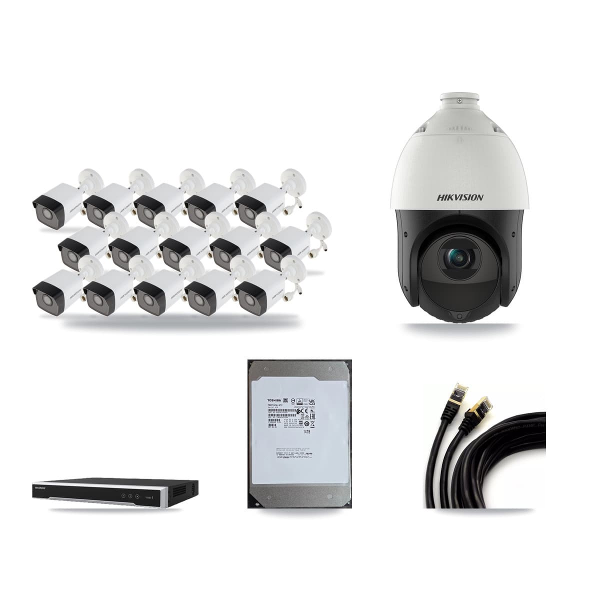 Hikvision 16-Channel 4MP – 5MP CCTV Kit — 15 5MP Bullet + 1 4MP PTZ Cameras + 14TB Recording - Image 1
