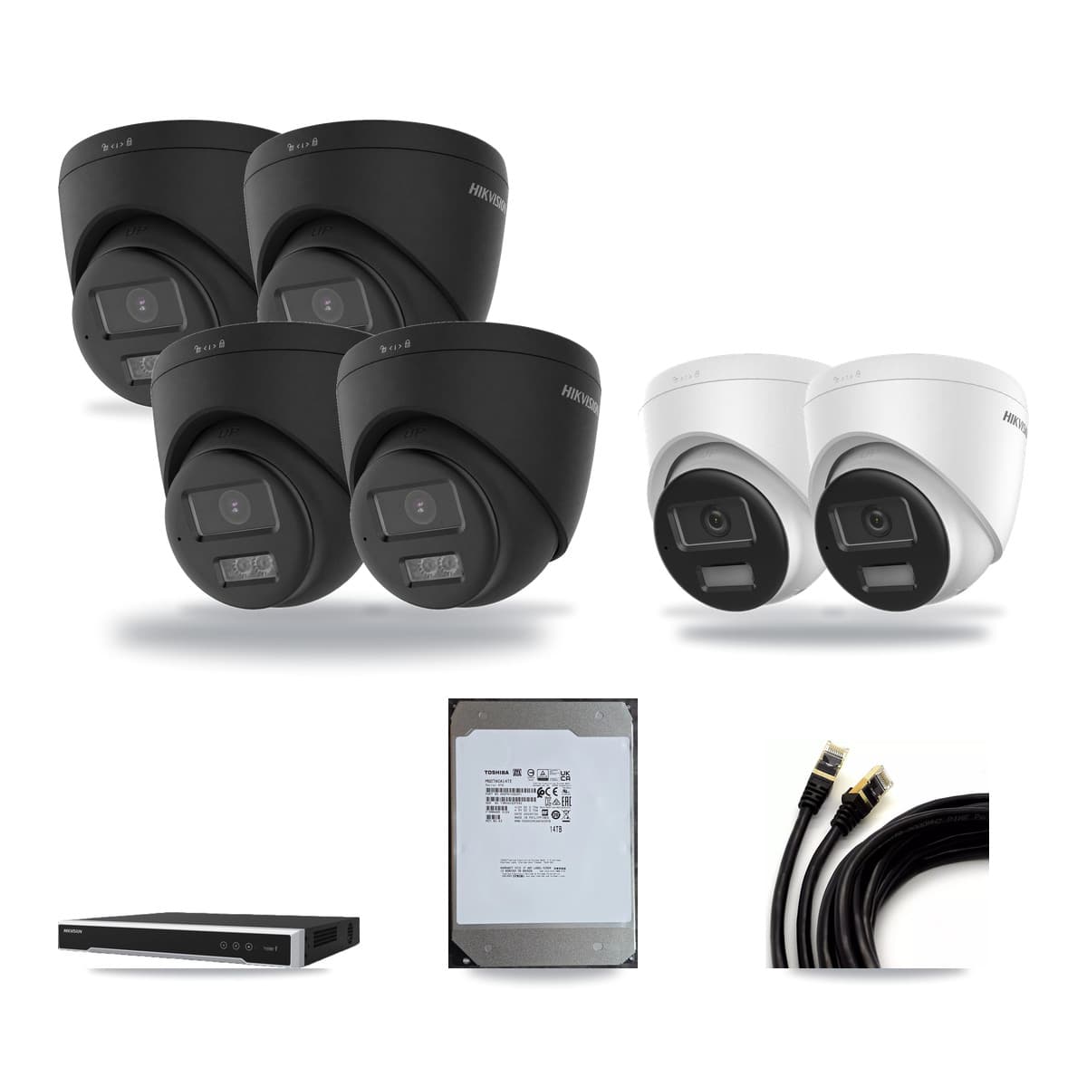 Hikvision 8-Channel 4K CCTV Kit — 2 DS-2CD1383G2 + 4 Black DS-2CD1383G2 Turret Cameras + 14TB Recording - Image 1