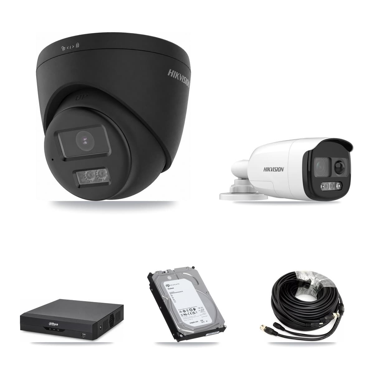 Hikvision & Dahua 4-Channel 5MP – 4K CCTV Kit — 1 5MP Bullet + 3 Black 4K Turret Cameras + 6TB Recording