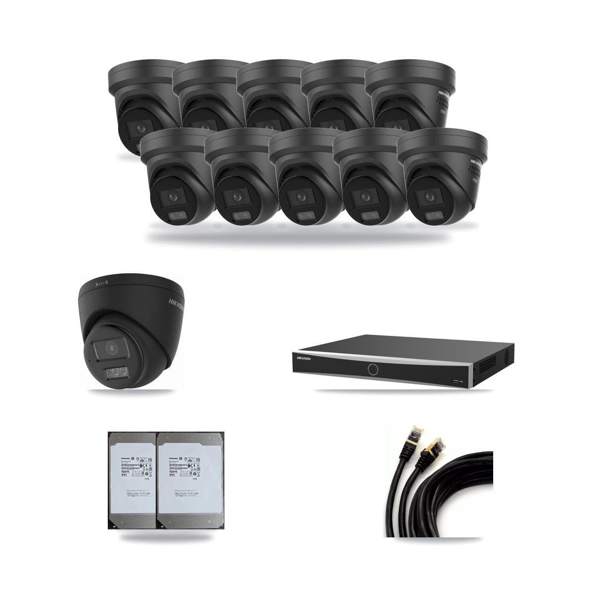 Hikvision 16-Channel 4K CCTV Kit — 1 Black DS-2CD1383G2 + 10 Black DS-2CD2387G3 Turret Cameras + 2× 14TB Recording - Image 1