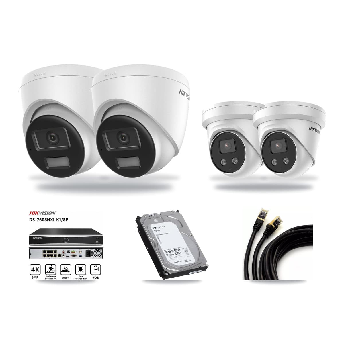 Hikvision 8-Channel 5MP – 4K CCTV Kit — 2 DS-2CD1383G2-LIUF/SL 4K + 2 DS-2CD3356G2-ISU 5MP Turret Cameras + 6TB Recording (DS-7608NXI-K1/8P Recorder) - Image 1