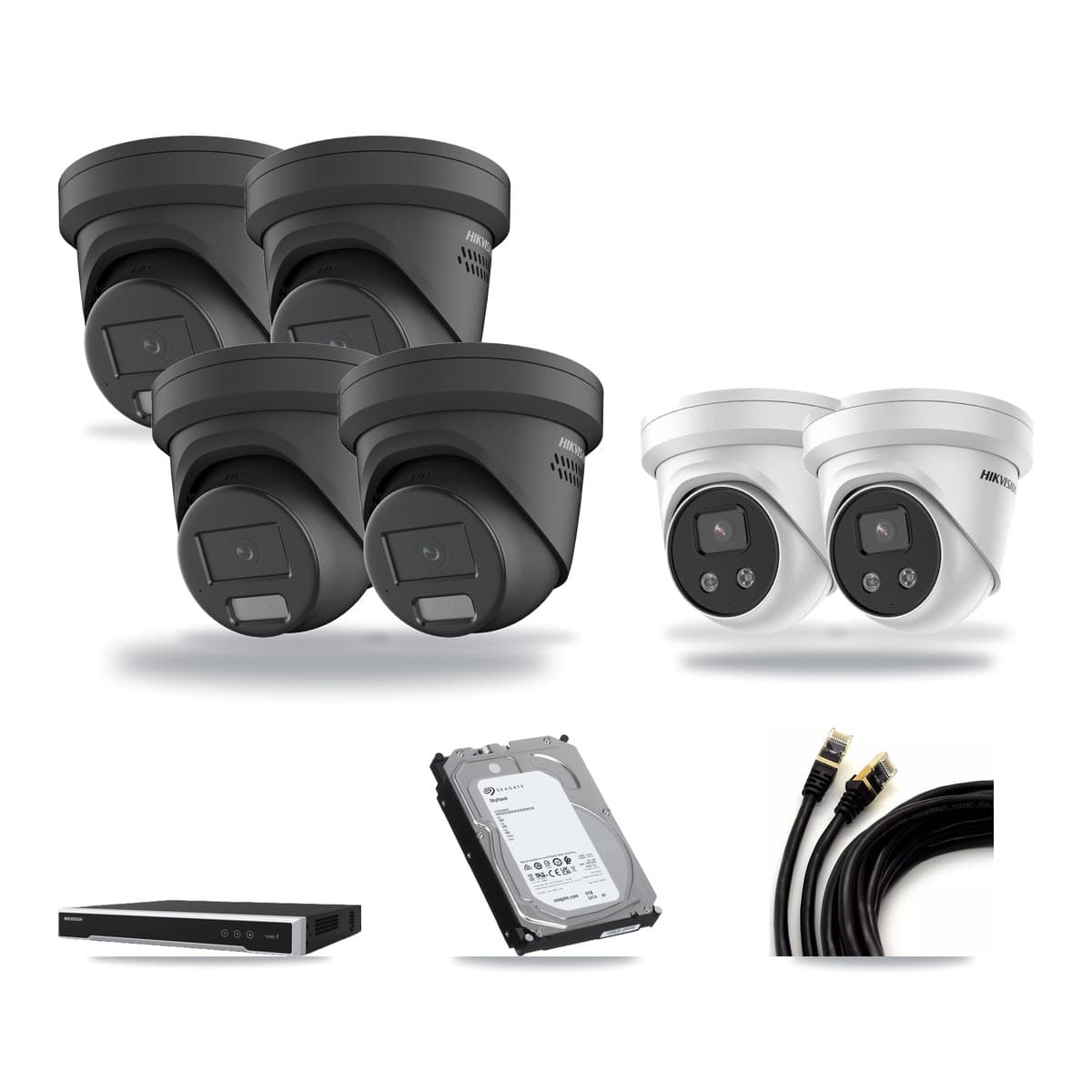 Hikvision 8-Channel 4MP – 5MP CCTV Kit — 4 Black 4MP + 2 5MP Turret Cameras + 6TB Recording (DS-7608NI-M2 Recorder) - Image 1