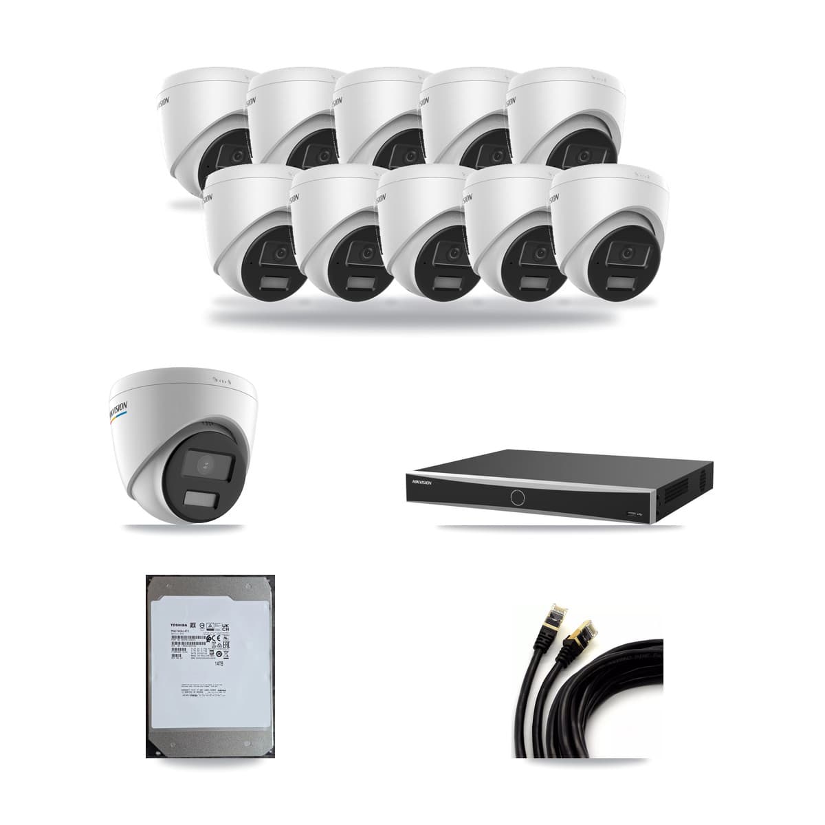 Hikvision 16-channel CCTV kit: 11 cameras (10× 4MP Turret + 1× 2MP Turret), 14TB hard drive